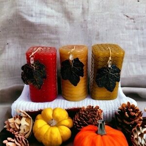 New Pilar CANDLE Set  Metal Leaf Crystal CANDLE 3x Tall Fall Wax CANDLES